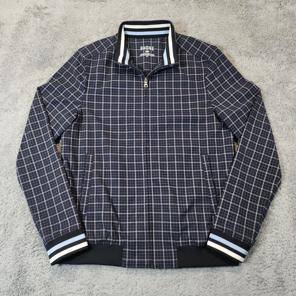Rhone Bomber Jacket Mens S Navy Blue Dune Golf Windowpane Full Zip Performance